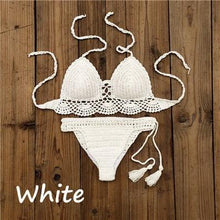 Load image into Gallery viewer, Summer Hand Crochet Women Swimwear Crop Top Push Up Bikini Set Beach Swimsuit Suit Tassel Swim Beach Beachwear Bikini Bra Bikini Swimsuit Women Beach Crochet Crop Summer Halter Bikini

