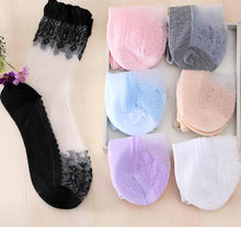 Load image into Gallery viewer, Summer Ladies Lace Embroidery Silk Transparent Glass Crystal Stretch Women Socks Breathable See Through Socks Ankle Socks For Women
