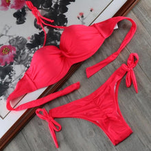 Load image into Gallery viewer, Bikini Solid Strappy Bandage Bikinis Set White Push Up Bikini Swimwear Swimsuit Bathing Suit Women's Ribbed Tie Bikini Adjustable Lace Up Bottom String Women Swimsuit

