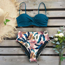 Load image into Gallery viewer, High Waist Bikini Set Women  Bikini Flower Swimwear Women High Waist Bikini Halter Two Piece Bathing Suits Tummy Control Swimsuit Push Up Swimwear Vintage Halter Neck Swimsuit Female Green Bathing Suit
