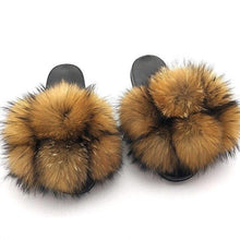 将图片加载到图库查看器，Women Fox Fur Slides Home Beautiful Flat Sandals Female Cute Fluffy House Woman Fur Fluffy Slippers Furry Slides Summer Sandals Open Toe Indoor Outdoor Comfortable Slides Sandals
