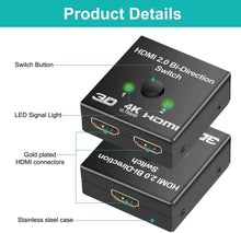 将图片加载到图库查看器，4K HDMI Switch Splitter 2 Ports Bi-Directional HDMI Switch 2 Port Display Selector Switcher Splitter Supports Ultra HD 4K 1080P 3D HDR For HDTV Gaming
