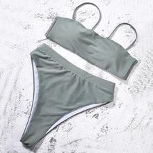 Load image into Gallery viewer, Bikinis Solid Push Up Bikini Padded Bra Straps High Waist Swimsuit Female Swimwear Women's Bathing Suit Lace up Bikini Ribbed Two Piece Swimsuit
