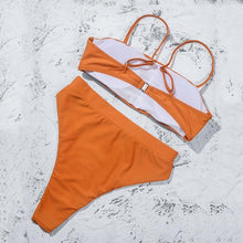 Load image into Gallery viewer, Bikinis Solid Push Up Bikini Padded Bra Straps High Waist Swimsuit Female Swimwear Women's Bathing Suit Lace up Bikini Ribbed Two Piece Swimsuit
