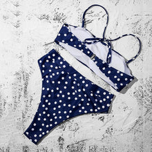 Load image into Gallery viewer, Bikinis Solid Push Up Bikini Padded Bra Straps High Waist Swimsuit Female Swimwear Women's Bathing Suit Lace up Bikini Ribbed Two Piece Swimsuit
