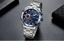 将图片加载到图库查看器，Luxury Men's Business Quartz Watches Blue Fashion Chronograph Elegant Stainless Steel Wristwatches For Man

