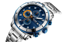 将图片加载到图库查看器，Luxury Men's Business Quartz Watches Blue Fashion Chronograph Elegant Stainless Steel Wristwatches For Man
