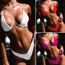 Load image into Gallery viewer, Neon V-bar Underwired Bikini Female Ribbed Swimsuit Women Swimwear Two-pieces Bikini set Push up Bathing Suit
