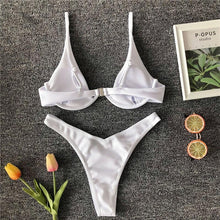 Load image into Gallery viewer, Neon V-bar Underwired Bikini Female Ribbed Swimsuit Women Swimwear Two-pieces Bikini set Push up Bathing Suit
