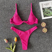 Load image into Gallery viewer, Neon V-bar Underwired Bikini Female Ribbed Swimsuit Women Swimwear Two-pieces Bikini set Push up Bathing Suit
