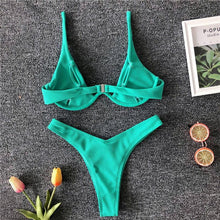 Load image into Gallery viewer, Neon V-bar Underwired Bikini Female Ribbed Swimsuit Women Swimwear Two-pieces Bikini set Push up Bathing Suit
