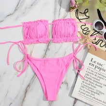 将图片加载到图库查看器，Bikini Women  Swimsuit Female Low Waist Swimwear Women Beach Mini Thong Bikini Set Bathing Suit Women Thong Swimsuits Strapless 2 Piece Bikini String Tie Ruffle Brazilian Bathing Suit
