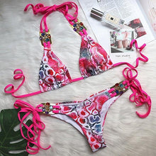 Load image into Gallery viewer, Luxury Purple Halter Crystal Diamond Bikini Female Swimsuit Women Swimwear Rhinestone Bikini Set Bathing Suit Women's Swimwear Rhinestone Halter Low Waist Tie Side Bikini Set 2 Pieces Crystal Diamond Swimsuit
