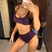 Load image into Gallery viewer, Glitter Sparkling Female Swimsuit High Waist Bikini Women's High Waist Bikinis Party Glitter Scoop Neck Crop Top Swimsuits Two Piece Bathing Suit Women Swimwear Two-pieces Bikini Set Summer Swim Suit
