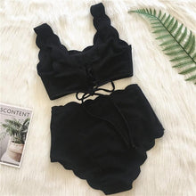 Load image into Gallery viewer, Women Solid Swimwear Female Bathing Suit Scalloped High Waist Bikini Set Two Pieces Women's Solid Color Lace-up High Waist Scoop Collar Padded Bathing Suit
