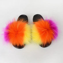 将图片加载到图库查看器，Summer Women Raccoon Fur Slippers Plush Slides Furry Sandals Fluffy House Shoes Girl's Cute Flip Flops Sandal With Soft Furry Faux Fox Fur House Outdoor Multicolor Slippers
