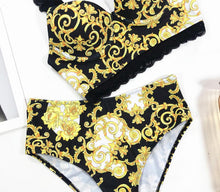 将图片加载到图库查看器，Vintage Black Print Women's Bikini Set Women's Halter Beautiful Print High Waist Swimsuit Bathing Suits Bikini Set Lace Strappy Padded Bra High Waist Bottoms Swimsuit Fashion Female Beachwear Luxury Swimwear
