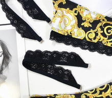 将图片加载到图库查看器，Vintage Black Print Women's Bikini Set Women's Halter Beautiful Print High Waist Swimsuit Bathing Suits Bikini Set Lace Strappy Padded Bra High Waist Bottoms Swimsuit Fashion Female Beachwear Luxury Swimwear
