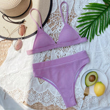 Load image into Gallery viewer, Bikini Swimwear Swimsuit Women Solid Bathing Suit Bikini Set With Pad Female High Waist Beachwear Women Bikini Swimsuits 2 Piece Deep V Neck Swimwear Adjustable Strap Back Bathing Suits

