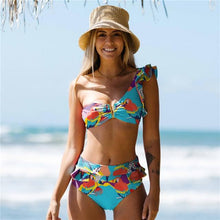 将图片加载到图库查看器，Two-Pieces Women Floral Push-Up Padded Bra Ruffles Bikini Set Swimsuit Swimwear Bathing Suit Beachwear Floral Printed Swimsuit Knotted String Triangle Bikini Tie Side High Cut Cheeky Bikini Set
