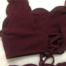 Load image into Gallery viewer, Women Solid Swimwear Female Bathing Suit Scalloped High Waist Bikini Set Two Pieces Women's Solid Color Lace-up High Waist Scoop Collar Padded Bathing Suit
