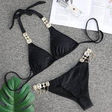 Load image into Gallery viewer, Luxury Purple Halter Crystal Diamond Bikini Female Swimsuit Women Swimwear Rhinestone Bikini Set Bathing Suit Women's Swimwear Rhinestone Halter Low Waist Tie Side Bikini Set 2 Pieces Crystal Diamond Swimsuit
