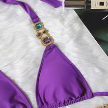 Load image into Gallery viewer, Luxury Purple Halter Crystal Diamond Bikini Female Swimsuit Women Swimwear Rhinestone Bikini Set Bathing Suit Women's Swimwear Rhinestone Halter Low Waist Tie Side Bikini Set 2 Pieces Crystal Diamond Swimsuit
