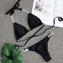 Load image into Gallery viewer, Luxury Purple Halter Crystal Diamond Bikini Female Swimsuit Women Swimwear Rhinestone Bikini Set Bathing Suit Women's Swimwear Rhinestone Halter Low Waist Tie Side Bikini Set 2 Pieces Crystal Diamond Swimsuit
