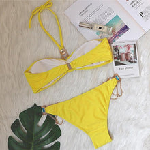 Load image into Gallery viewer, Luxury Purple Halter Crystal Diamond Bikini Female Swimsuit Women Swimwear Rhinestone Bikini Set Bathing Suit Women's Swimwear Rhinestone Halter Low Waist Tie Side Bikini Set 2 Pieces Crystal Diamond Swimsuit
