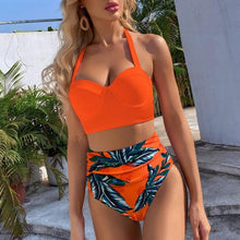 将图片加载到图库查看器，High Waist Bikini Leaf Print Swimsuit Women Push Up Swimwear Female Halter Bathing Suit Vintage Swimming Suit Women Vintage Underwire High Waist Swimsuit Two Pieces Halter Lace Up Adjustable Bikini Top
