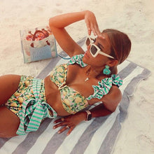 将图片加载到图库查看器，Two-Pieces Women Floral Push-Up Padded Bra Ruffles Bikini Set Swimsuit Swimwear Bathing Suit Beachwear Floral Printed Swimsuit Knotted String Triangle Bikini Tie Side High Cut Cheeky Bikini Set
