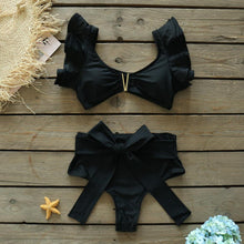 将图片加载到图库查看器，Two-Pieces Women Floral Push-Up Padded Bra Ruffles Bikini Set Swimsuit Swimwear Bathing Suit Beachwear Floral Printed Swimsuit Knotted String Triangle Bikini Tie Side High Cut Cheeky Bikini Set
