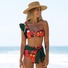 将图片加载到图库查看器，Two-Pieces Women Floral Push-Up Padded Bra Ruffles Bikini Set Swimsuit Swimwear Bathing Suit Beachwear Floral Printed Swimsuit Knotted String Triangle Bikini Tie Side High Cut Cheeky Bikini Set
