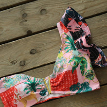 将图片加载到图库查看器，Two-Pieces Women Floral Push-Up Padded Bra Ruffles Bikini Set Swimsuit Swimwear Bathing Suit Beachwear Floral Printed Swimsuit Knotted String Triangle Bikini Tie Side High Cut Cheeky Bikini Set
