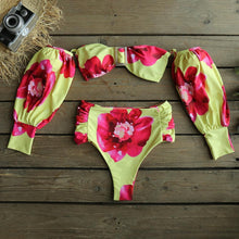 将图片加载到图库查看器，Trendy High Waist Bikini New Long Sleeve Swimsuit  Women's Long Sleeve High Waist Off-Shoulder Swimwear Women Bubble Sleeve Bikinis Mesh Charming Beach Wear

