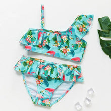 将图片加载到图库查看器，3-16Y Cartoon Two-piece Girls Swimwear Ruffle Swimsuit Bikini Set One Shoulder Beachwear Princess Two Piece Bathing Suit Children Swimwear Girls Swimsuit Bikini Set

