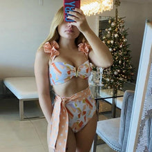 将图片加载到图库查看器，Two-Pieces Women Floral Push-Up Padded Bra Ruffles Bikini Set Swimsuit Swimwear Bathing Suit Beachwear Floral Printed Swimsuit Knotted String Triangle Bikini Tie Side High Cut Cheeky Bikini Set
