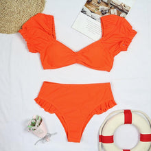 Load image into Gallery viewer, Bikini New 2 Piece Women Swimsuit Women's High Waist Bikini Set Fashion Puff Sleeve Swimwear Set Bathing Suits Solid Color Short Puff Sleeve Summer High Waist Cut Backless Bathing Suit Beachwear
