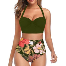 将图片加载到图库查看器，High Waist Bikini Leaf Print Swimsuit Women Push Up Swimwear Female Halter Bathing Suit Vintage Swimming Suit Women Vintage Underwire High Waist Swimsuit Two Pieces Halter Lace Up Adjustable Bikini Top
