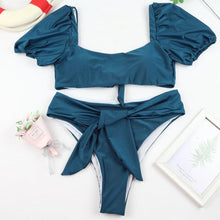 Load image into Gallery viewer, Bikini New 2 Piece Women Swimsuit Women's High Waist Bikini Set Fashion Puff Sleeve Swimwear Set Bathing Suits Solid Color Short Puff Sleeve Summer High Waist Cut Backless Bathing Suit Beachwear
