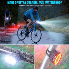Load image into Gallery viewer, 4 Modes 350mAh USB Road Bicycle Headlight Rechargeable Cycling Taillight LED Bike Front Light Head Lamp Ultra Bright Front And Back Rear Bicycle Light Combo IPX4 Waterproof Mountain Road Helmet Cycle Headlight And Taillight Set
