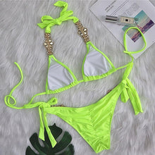 Load image into Gallery viewer, Luxury Purple Halter Crystal Diamond Bikini Female Swimsuit Women Swimwear Rhinestone Bikini Set Bathing Suit Women's Swimwear Rhinestone Halter Low Waist Tie Side Bikini Set 2 Pieces Crystal Diamond Swimsuit
