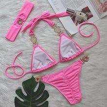 Load image into Gallery viewer, Luxury Purple Halter Crystal Diamond Bikini Female Swimsuit Women Swimwear Rhinestone Bikini Set Bathing Suit Women's Swimwear Rhinestone Halter Low Waist Tie Side Bikini Set 2 Pieces Crystal Diamond Swimsuit
