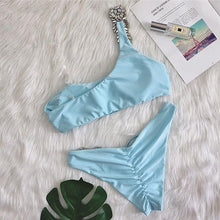 Load image into Gallery viewer, Luxury Purple Halter Crystal Diamond Bikini Female Swimsuit Women Swimwear Rhinestone Bikini Set Bathing Suit Women's Swimwear Rhinestone Halter Low Waist Tie Side Bikini Set 2 Pieces Crystal Diamond Swimsuit
