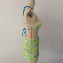Load image into Gallery viewer, High Waist Mesh Skirt Swimsuit Triangle Micro Bikini Set 3-Piece High Cut Swimwear Women's Bikini Swimsuits With Wrap Skirt, 3 Pieces Strings High Cut Bikini Set Bathing Suits Women Vintage Print Bathing Suit
