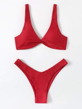 Load image into Gallery viewer, Solid Tie  Bikini Padded Bra High Leg Bandage Push Up Bikini Set Brazilian Swimsuit Women Swimwear Rib Bikini Set High Cut Spaghetti Strap Two Piece Swimsuit Bathing Suit
