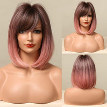 将图片加载到图库查看器，Blonde White Black Ombre Bob Synthetic Wigs for Women Straight Hair Wigs Cosplay Party Wig with bangs Heat Resistant Wigs For Black Women Cosplay Wigs For Women
