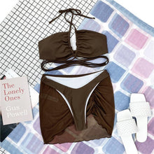 将图片加载到图库查看器，Halter Hollow Cross Bikinis Set Swimsuit Women's New Solid Two-Piece Swimwear Two Piece Swimsuit Halter Crisscross Cut Out Bikini Wrap Top with High Waist  Bottom Beach Swimwear Summer Beachwear Woman Bath Bathing Suit
