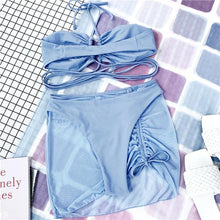 将图片加载到图库查看器，Halter Hollow Cross Bikinis Set Swimsuit Women's New Solid Two-Piece Swimwear Two Piece Swimsuit Halter Crisscross Cut Out Bikini Wrap Top with High Waist  Bottom Beach Swimwear Summer Beachwear Woman Bath Bathing Suit
