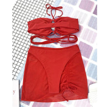 将图片加载到图库查看器，Halter Hollow Cross Bikinis Set Swimsuit Women's New Solid Two-Piece Swimwear Two Piece Swimsuit Halter Crisscross Cut Out Bikini Wrap Top with High Waist  Bottom Beach Swimwear Summer Beachwear Woman Bath Bathing Suit

